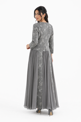 Embellished Neckline Printed Panel Dress with Chiffon Flare