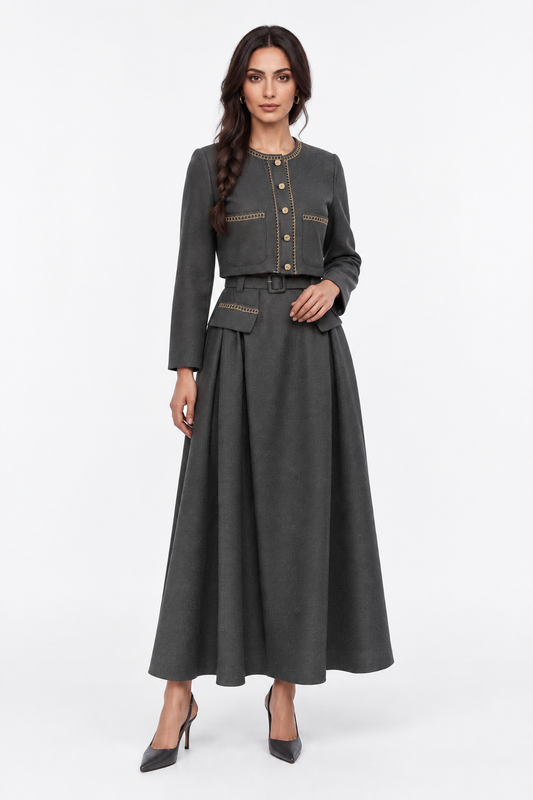 Belted Pleated A-Line Maxi Skirt