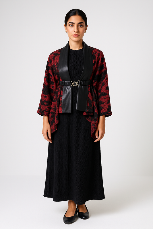 كيمونو مطبوع بياقة جلد صناعي