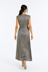 Satin Wrap-Effect Dress with Side Tie