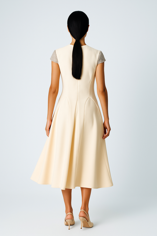 فستان ميدي بأكمام قصيرة مطرزة وتنورة واسعة