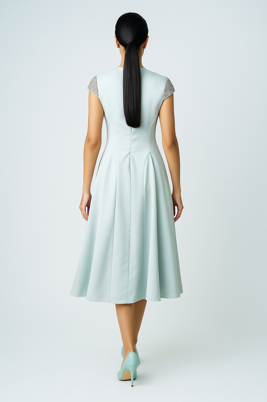 فستان ميدي بأكمام قصيرة مطرزة وتنورة واسعة