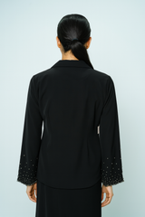 Wrap-Style Collared Blouse with Beaded Cuffs