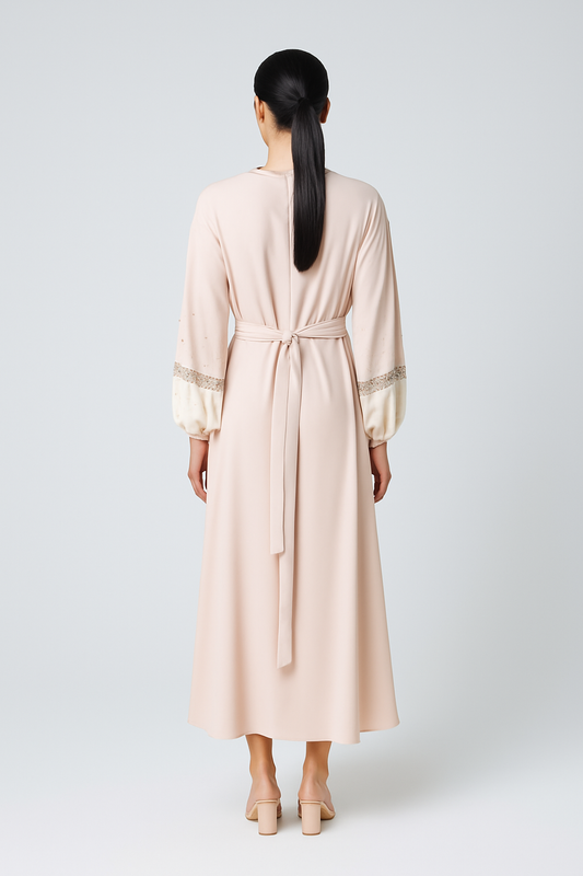 Elegant Maxi Dress with Crystal-Embellished Cuff Sleeves