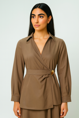 Wrap-Style Blouse with Buckle Detail