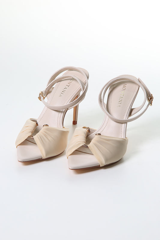 Ruched Satin Heels with Metal Ring – Elegant Open-Toe Sandals