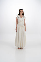 Embellished Cap-Sleeve Maxi Dress with Draped Waist