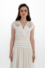 Embellished Cap-Sleeve Maxi Dress with Draped Waist