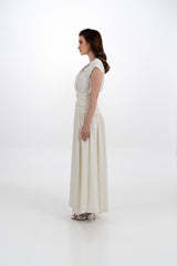 Embellished Cap-Sleeve Maxi Dress with Draped Waist