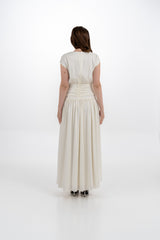 Embellished Cap-Sleeve Maxi Dress with Draped Waist