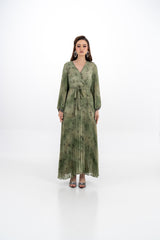 Pleated V-Neck Maxi Dress with Tie Waist