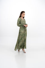 Pleated V-Neck Maxi Dress with Tie Waist