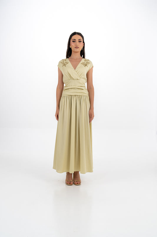 Embellished Cap-Sleeve Maxi Dress with Draped Waist