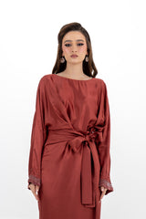 Satin Long-Sleeved Maxi Dress with Embellished Cuffs