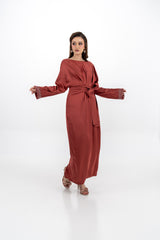 Satin Long-Sleeved Maxi Dress with Embellished Cuffs