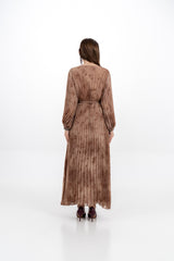 Pleated V-Neck Maxi Dress with Tie Waist