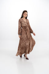 Pleated V-Neck Maxi Dress with Tie Waist