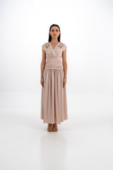 Embellished Cap-Sleeve Maxi Dress with Draped Waist