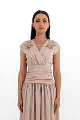 Embellished Cap-Sleeve Maxi Dress with Draped Waist