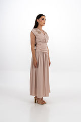 Embellished Cap-Sleeve Maxi Dress with Draped Waist