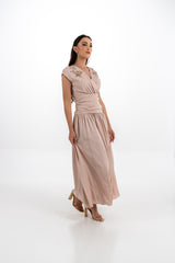 Embellished Cap-Sleeve Maxi Dress with Draped Waist