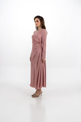 فستان ميدي غير لامع بتفاصيل مجعّدة