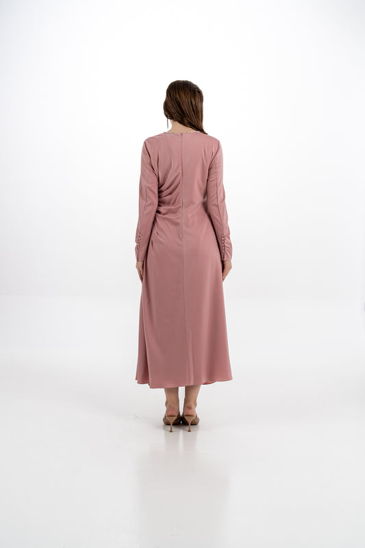 فستان ميدي غير لامع بتفاصيل مجعّدة