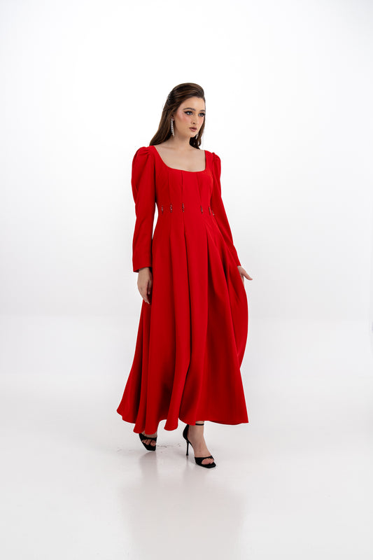 Elegant Long-Sleeve Maxi Dress with Embellished Pleats