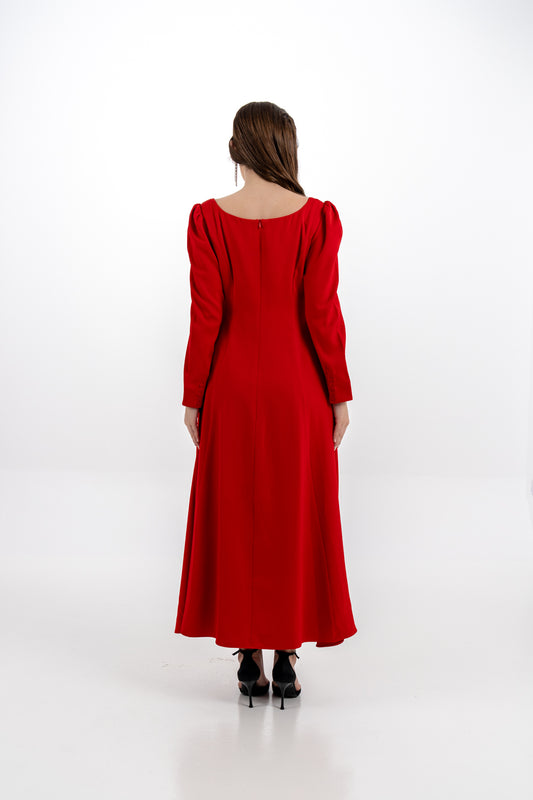 Elegant Long-Sleeve Maxi Dress with Embellished Pleats