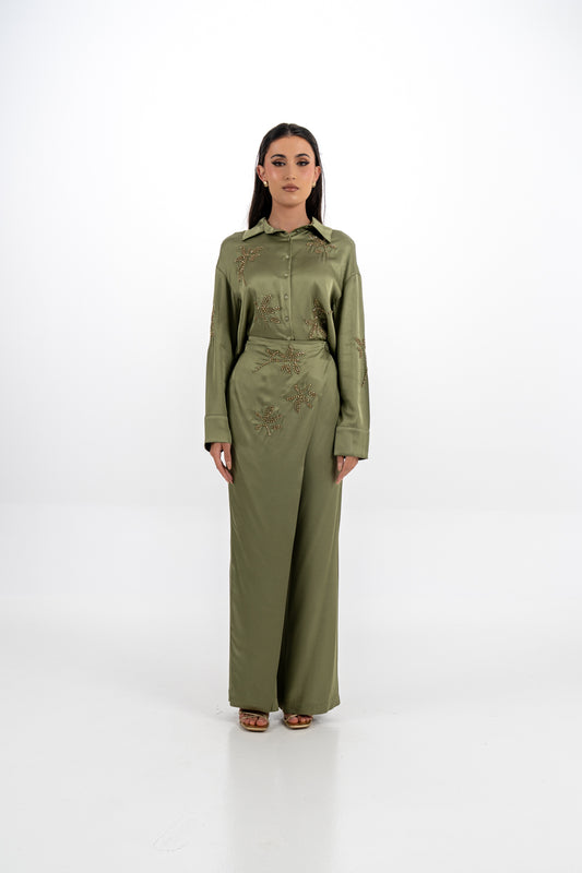 Embellished Satin Shirt with Metallic Leaf Embellishments