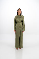 Embellished Satin Shirt with Metallic Leaf Embellishments