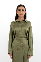 Embellished Satin Shirt with Metallic Leaf Embellishments