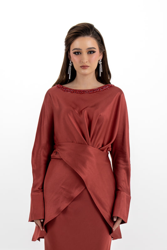 Embellished Draped Satin Blouse