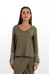 V-Neck Blouse with Beaded Fringe Sleeves