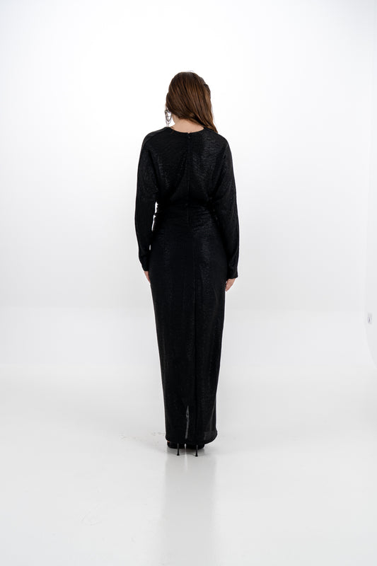 فستان سهرة ميتاليك بطيات أنيقة وخصر مجعد