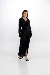 فستان سهرة ميتاليك بطيات أنيقة وخصر مجعد