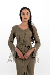 V-Neck Blouse with Beaded Fringe Sleeves