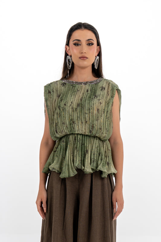 Pleated Peplum Sleeveless Top with Embellished Neckline