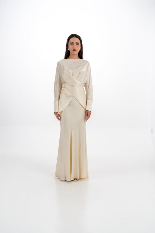 Embellished Draped Satin Blouse