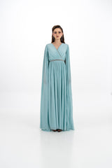 Crystal-Trimmed Pleated Cape Gown