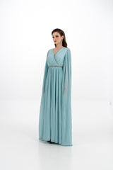 Crystal-Trimmed Pleated Cape Gown