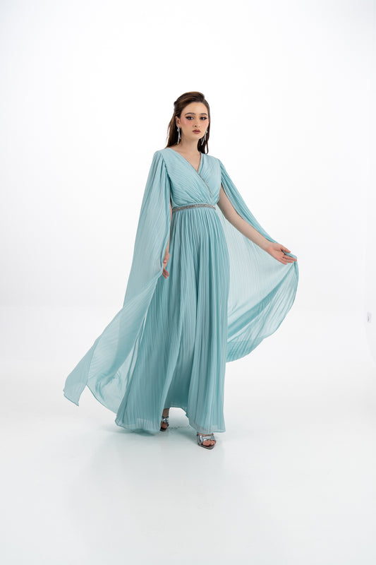 Crystal-Trimmed Pleated Cape Gown