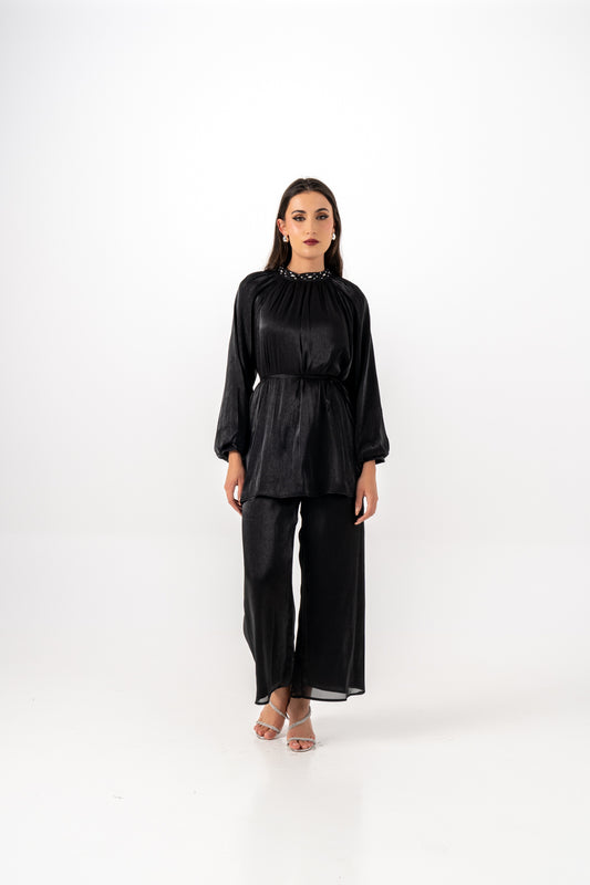 بنطال واسع لامع بخصر مطاطي