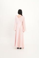 Asymmetric Pleated Dress with Shoulder Flower & Crystal Trim