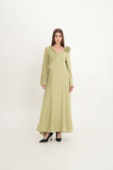 Asymmetric Pleated Dress with Shoulder Flower & Crystal Trim