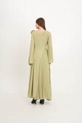 Asymmetric Pleated Dress with Shoulder Flower & Crystal Trim