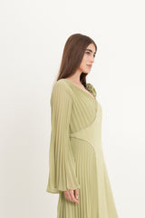 Asymmetric Pleated Dress with Shoulder Flower & Crystal Trim