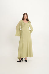 Asymmetric Pleated Dress with Shoulder Flower & Crystal Trim