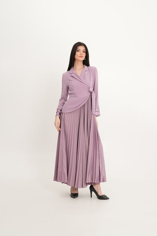 Embellished Wrap Blazer Dress with Pleated Skirt