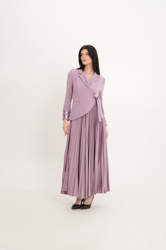 Embellished Wrap Blazer Dress with Pleated Skirt